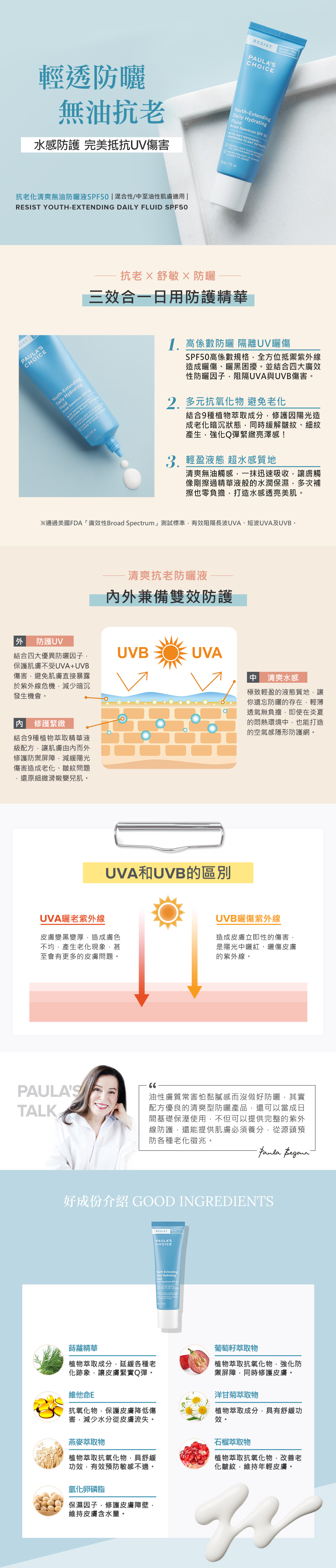 抗老化清爽無油防曬液SPF50-專為老化的油性肌膚設計的高係數防曬液,對外:全方位廣效性抵禦紫外線UVA&UVB,從源頭延緩老化徵兆,預防曬黑曬老現象;對內:深層舒緩調理肌底,減少乾燥出油問題,輕盈水感配方,輕薄透氣無負擔,再添礦物吸油石英微粒,有效吸附多餘油脂,柔焦修飾粗大毛孔,富含多種植物萃取抗氧成分,強化皮膚自我防禦,維持年輕健康彈力,每天早上一步驟,輕鬆完成抗陽防護x抗老修護。適合妝前打底隔離,眼周肌膚也能安心使用。