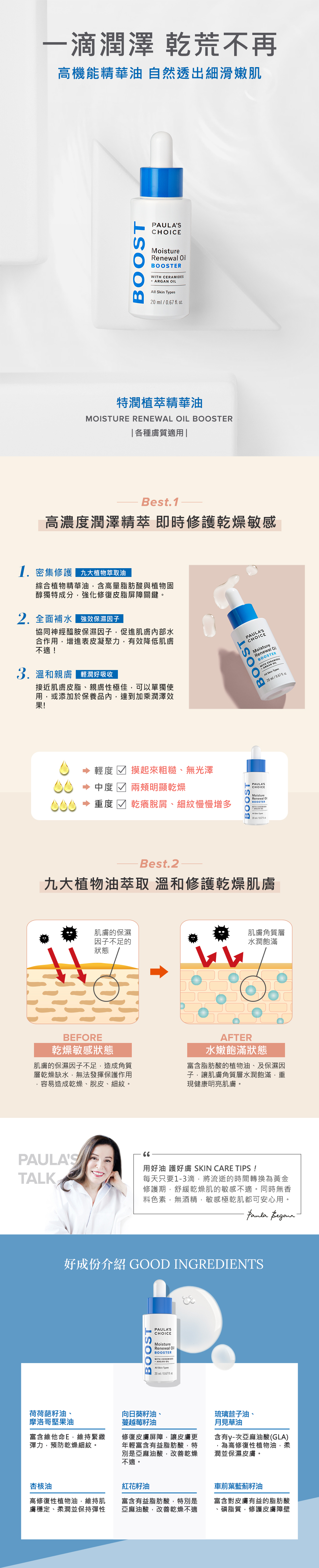 特潤植萃精華油乾性，極乾性膚質適用。一滴潤澤、乾荒不再。高機能精華油，自然透出細滑嫩肌。高濃度潤澤精萃，即時修護乾燥敏感。◎九大植物萃取油/密集修護：綜合植物精華油含高量脂肪酸與植物固醇獨特成分，強化修復皮脂屏障關鍵，每天只要1-3滴，深層滋養肌膚，解除乾荒危肌，將流逝的時間轉換為黃金修護期，隨時擁有一層透亮保護膜，舒緩乾燥肌的敏感不適。◎強效保濕因子/全面補水：協同神經醯胺(Ceramide)保濕因子，促進肌膚內部水合作用，增進表皮凝聚力，讓修護力與親膚性再進化，增加肌膚保水度，並預防水份流失，形成隱形保水膜，有效降低外在因素造成的肌膚不適，全天候維持水嫩光滑，美麗「油」然而生！◎輕潤好吸收/溫和親膚：接近肌膚皮脂、親膚性極佳，可以單獨使用，或添加於保養品內，達到保養加乘效果，完美修復每一吋肌膚。無人工香料．無色素．無酒精．無防腐劑，敏感極乾肌、幼兒寶寶都可安心用。用好油，護好膚。肌膚狀態：輕度 ☑摸起來粗糙感☑看起來無光澤 /中度 ☑兩頰明顯乾燥☑笑起來好緊繃/重度 ☑乾癢脫屑不適☑細紋慢慢增多。九大植物萃取，溫和修護乾燥肌膚。Before乾燥敏感狀態：肌膚的保濕因子不足，造成角質層乾燥缺水，無法發揮保護作用，容易造成乾燥、脫皮、細紋。After水嫩飽滿狀態：富含脂肪酸的植物油、及保濕因子，讓肌膚角質層水潤飽滿，維持保護屏障功能，重現健康明亮肌膚。好成分介紹：Simmondsia Chinensis (Jojoba) Seed Oil (荷荷葩籽油)：植物萃取保濕因子，富含維他命E，維持緊緻彈力，預防乾燥細紋。Carthamus Tinctorius (Safflower) Seed Oil(紅花籽油)：植物萃取抗氧化物，富含有益脂肪酸，特別是亞麻油酸，修復皮膚屏障，改善乾燥不適。Prunus Armeniaca (Apricot) Kernel Oil(杏核油)：高修復性植物油，維持肌膚穩定、柔潤並保持彈性。Helianthus Annuus (Sunflower) Seed Oil(向日葵籽油)：植物萃取抗氧化物，修復皮膚屏障，強化防禦能力，讓皮膚更年輕。Vaccinium Macrocarpon (Cranberry) Seed Oil(蔓越莓籽油)：植物萃取抗氧化物，修復皮膚屏障，強化防禦能力，讓皮膚更年輕。Argania Spinosa (Argan) Kernel Oil(摩洛哥堅果油)：植物萃取抗氧化物，富含有益脂肪酸、維他命E，維持緊緻彈力，修復皮膚屏障。Borago Officinalis (Borage) Seed Oil(琉璃苣子油)：植物萃取抗氧化物，含有γ-次亞麻油酸(GLA)為高修復性植物油，柔潤並保濕皮膚。Oenothera Biennis (Evening Primrose) Oil(月見草油)：植物萃取抗氧化物，含有γ-次亞麻油酸(GLA)為高修復性植物油，柔潤並保濕皮膚，並形成肌膚保護膜。Echium Plantagineum Seed Oil(車前葉藍薊籽油)：保濕因子，富含對皮膚有益的脂肪酸、磷脂質，修護皮膚障壁，預防水份流失。Ceramide 2(神經醯胺)：保濕因子，含有大量親水基團，修護皮膚障壁，加強皮膚保護，預防水分流失。Cholesterol(保濕因子)：保濕因子，加強皮膚保護，維持健康功能，預防水分流失，讓皮膚更柔軟、潤澤、滑順。